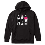 Black hoodie featuring an illustrated trio of female skiers dressed in retro 1980s ski fashion, rendered in black and white with bold hot pink accents.