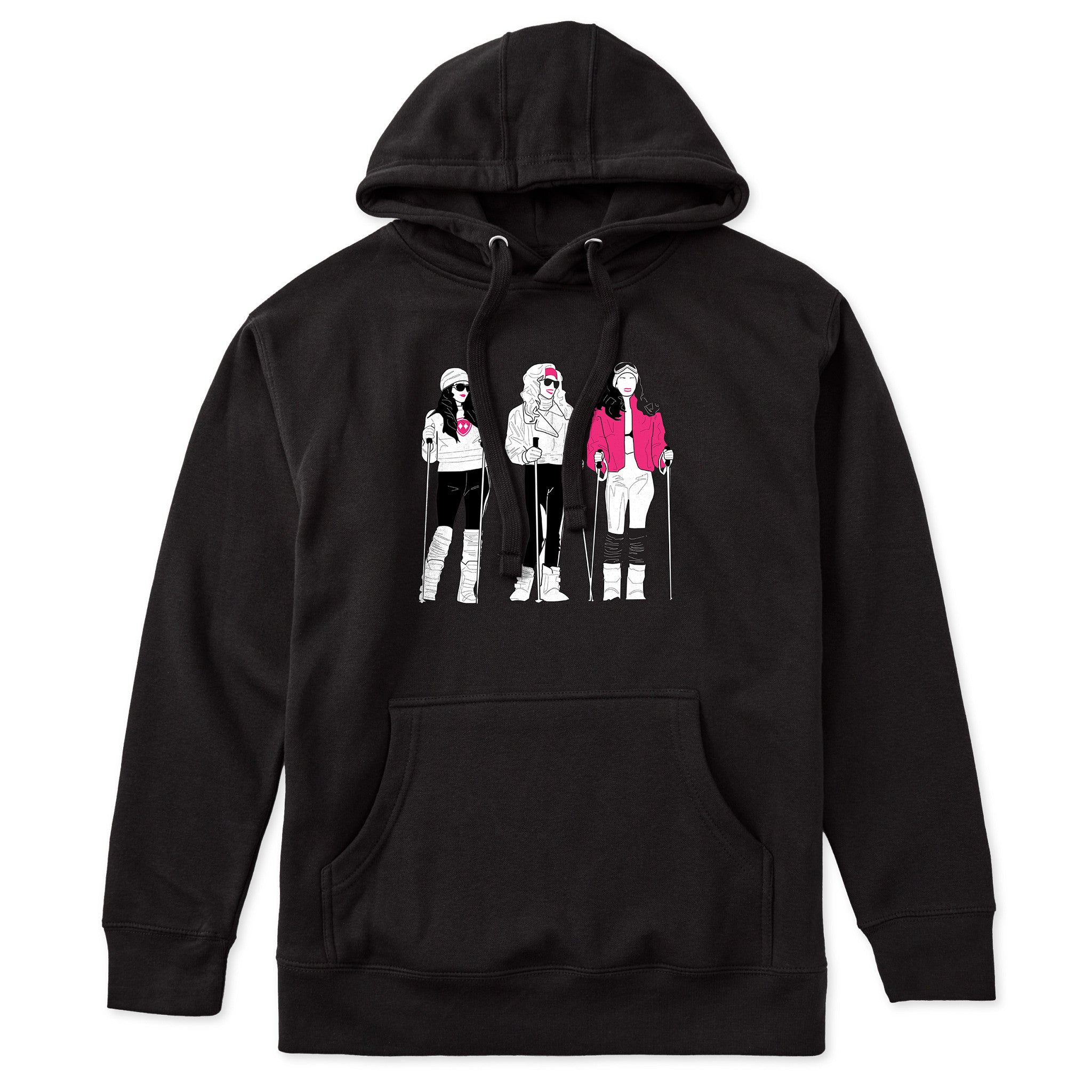 Black hoodie featuring an illustrated trio of female skiers dressed in retro 1980s ski fashion, rendered in black and white with bold hot pink accents.