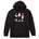 Black hoodie featuring an illustrated trio of female skiers dressed in retro 1980s ski fashion, rendered in black and white with bold hot pink accents.