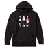 Black hoodie featuring an illustrated trio of female skiers dressed in retro 1980s ski fashion, rendered in black and white with bold hot pink accents.