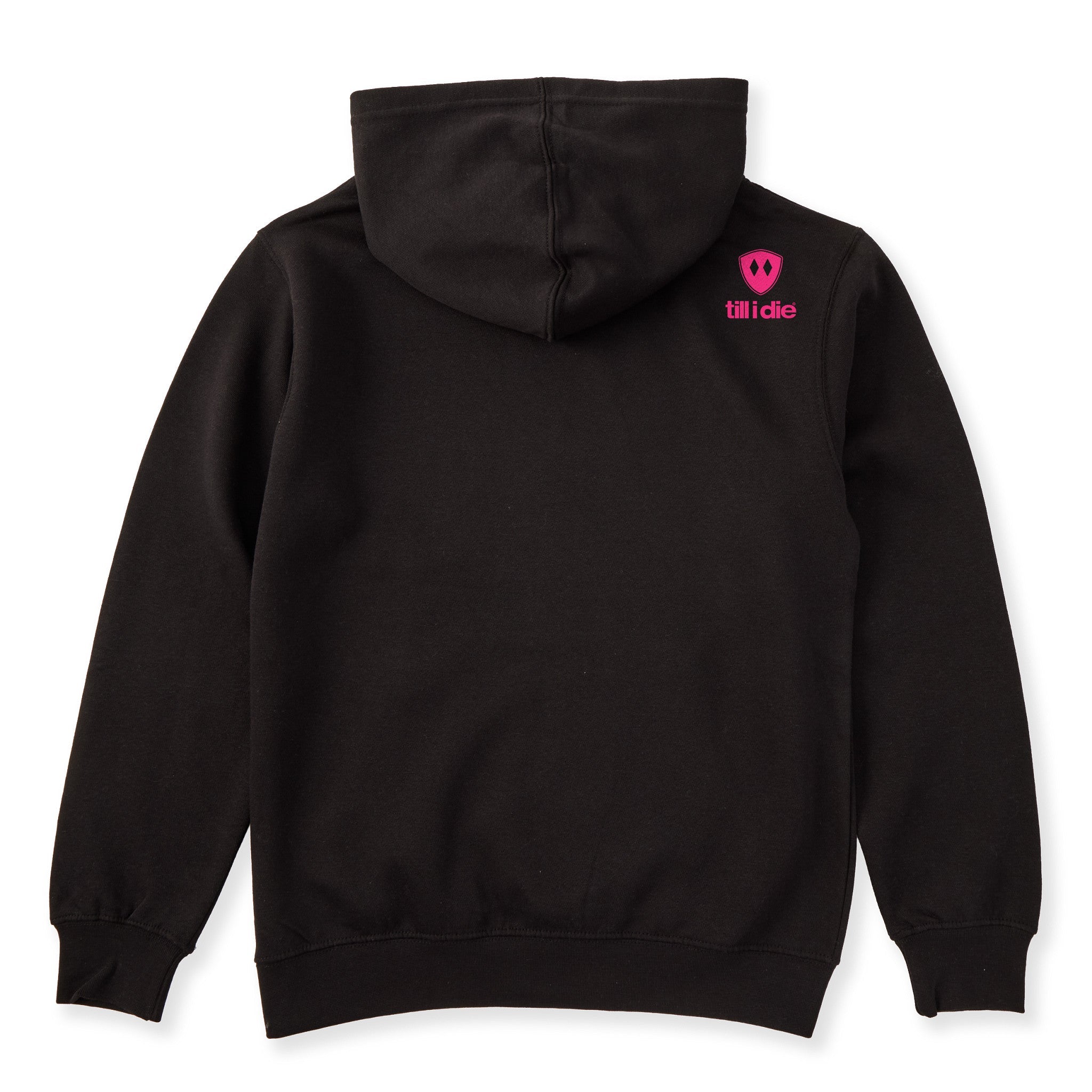 A black hoodie shown from the back, featuring the double diamond shield logo and the text 'till i die' on the upper right shoulder, set against a plain white background.