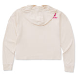 A cream cropped hoodie shown from the back, featuring the double diamond shield logo and the text 'till i die' on the upper right shoulder, set against a plain white background.