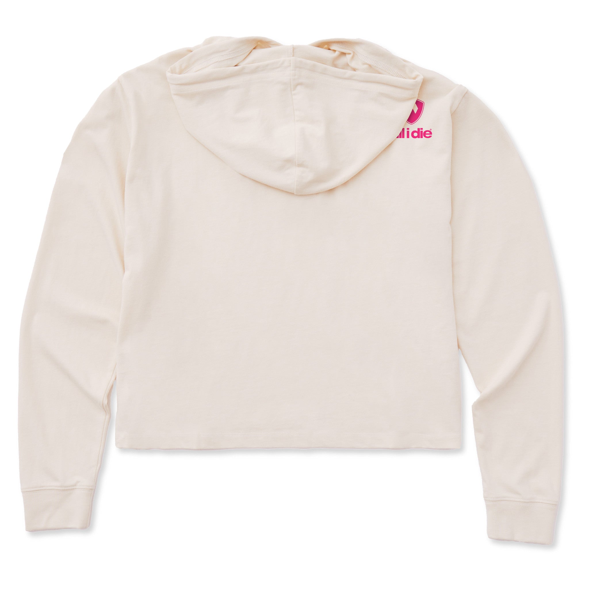 A cream cropped hoodie shown from the back, featuring the double diamond shield logo and the text 'till i die' on the upper right shoulder, set against a plain white background.