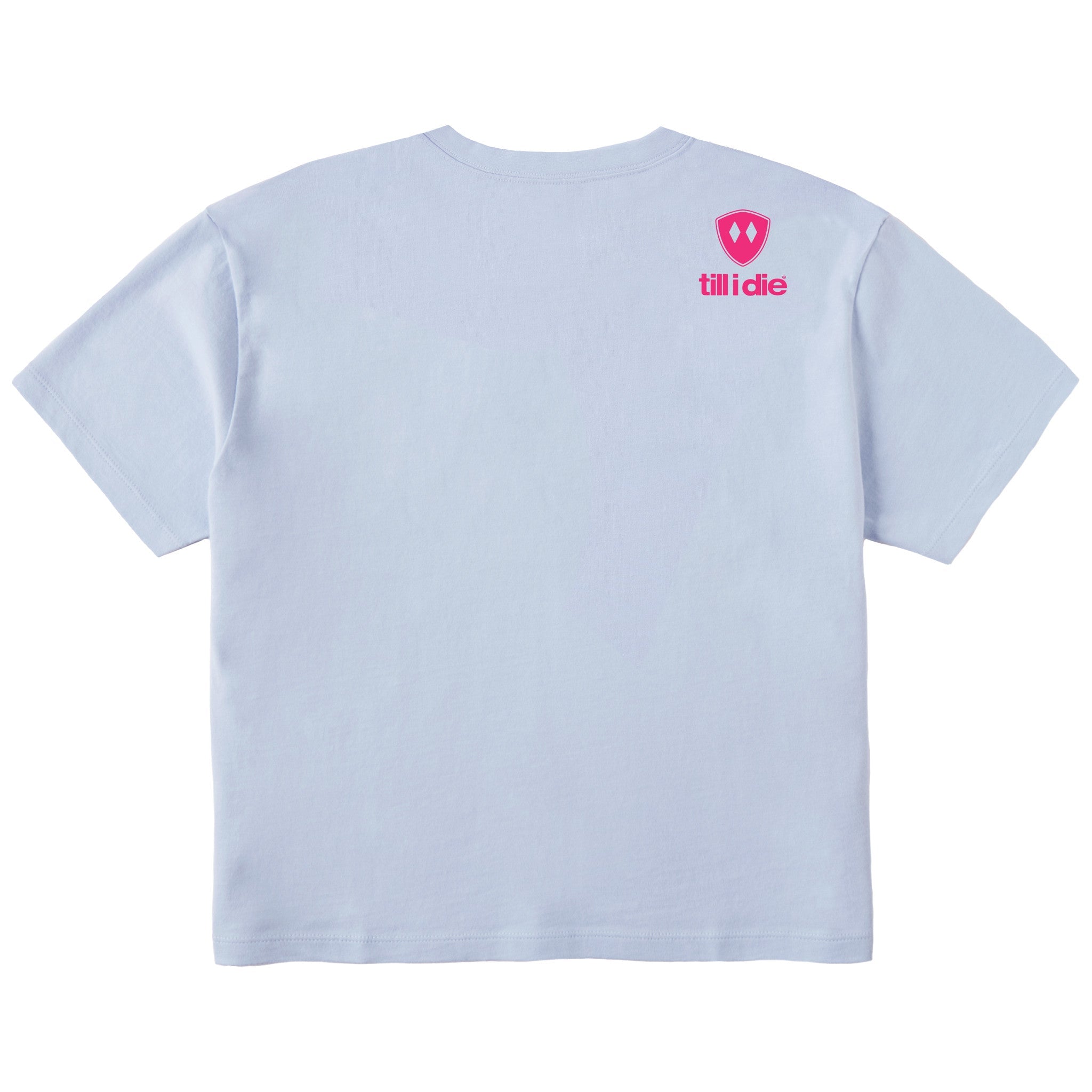 A light blue short sleeve crop tee shirt shown from the back, featuring the double diamond shield logo and the text 'till i die' on the upper right shoulder, set against a plain white background.