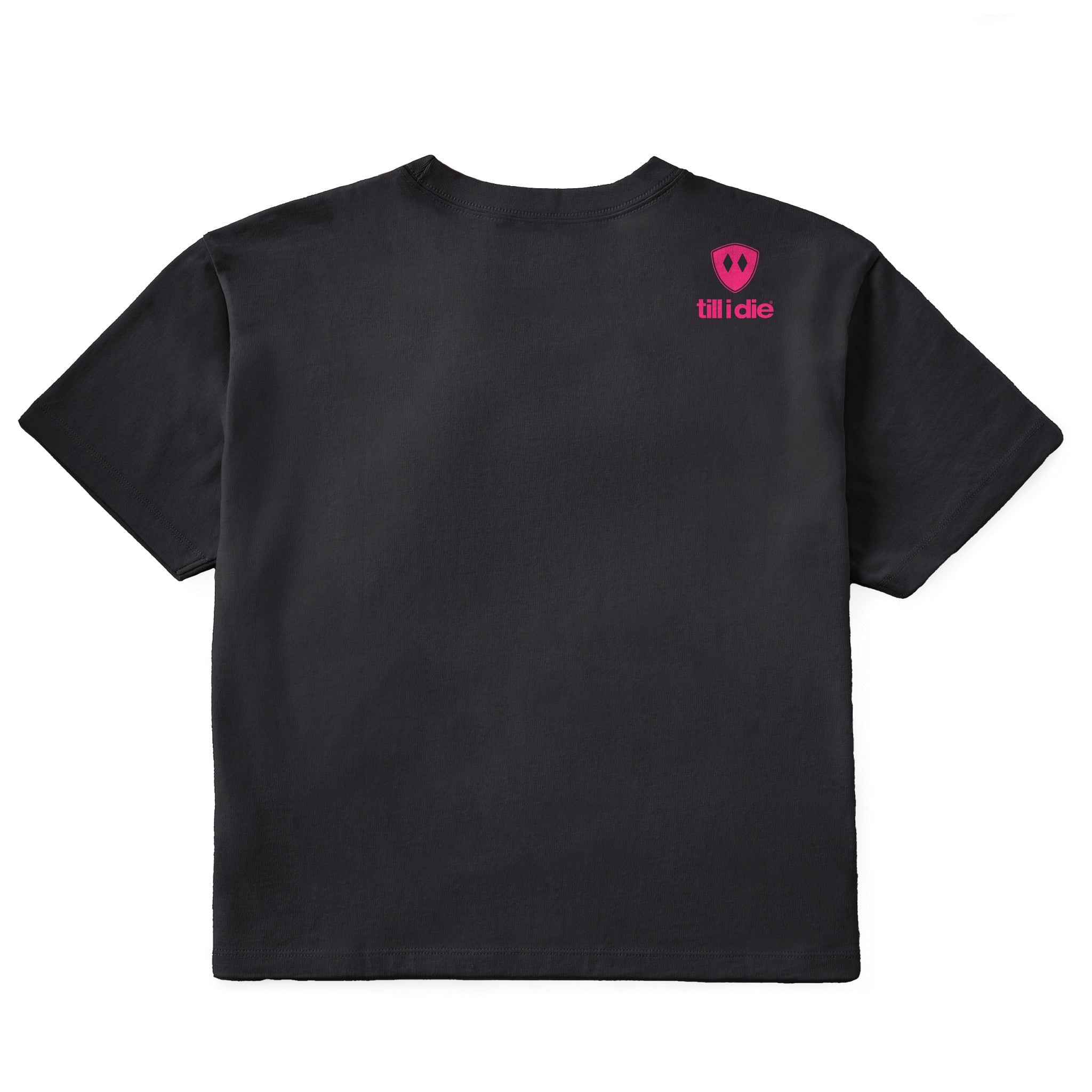 A black short sleeve crop tee shirt shown from the back, featuring the double diamond shield logo and the text 'till i die' on the upper right shoulder, set against a plain white background.