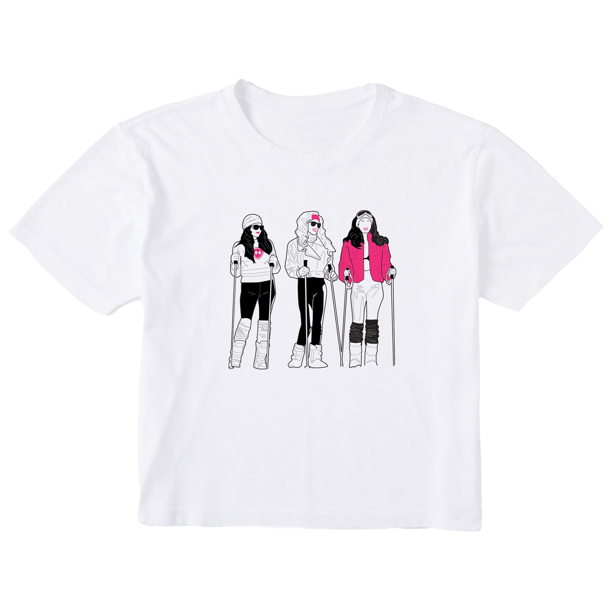 White women’s cropped T-shirt featuring an illustrated trio of female skiers dressed in retro 1980s ski fashion, rendered in black and white with bold hot pink accents.