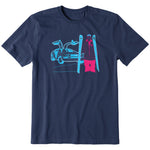 A navy short-sleeve crewneck t-shirt featuring a graphic print of a blue DeLorean time machine and a skier in neon pink and blue.