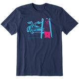 A navy short-sleeve crewneck t-shirt featuring a graphic print of a blue DeLorean time machine and a skier in neon pink and blue.