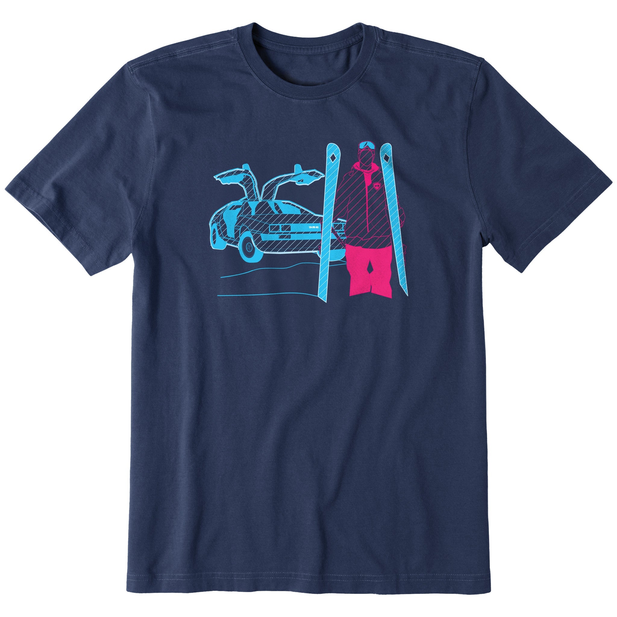 A navy short-sleeve crewneck t-shirt featuring a graphic print of a blue DeLorean time machine and a skier in neon pink and blue.