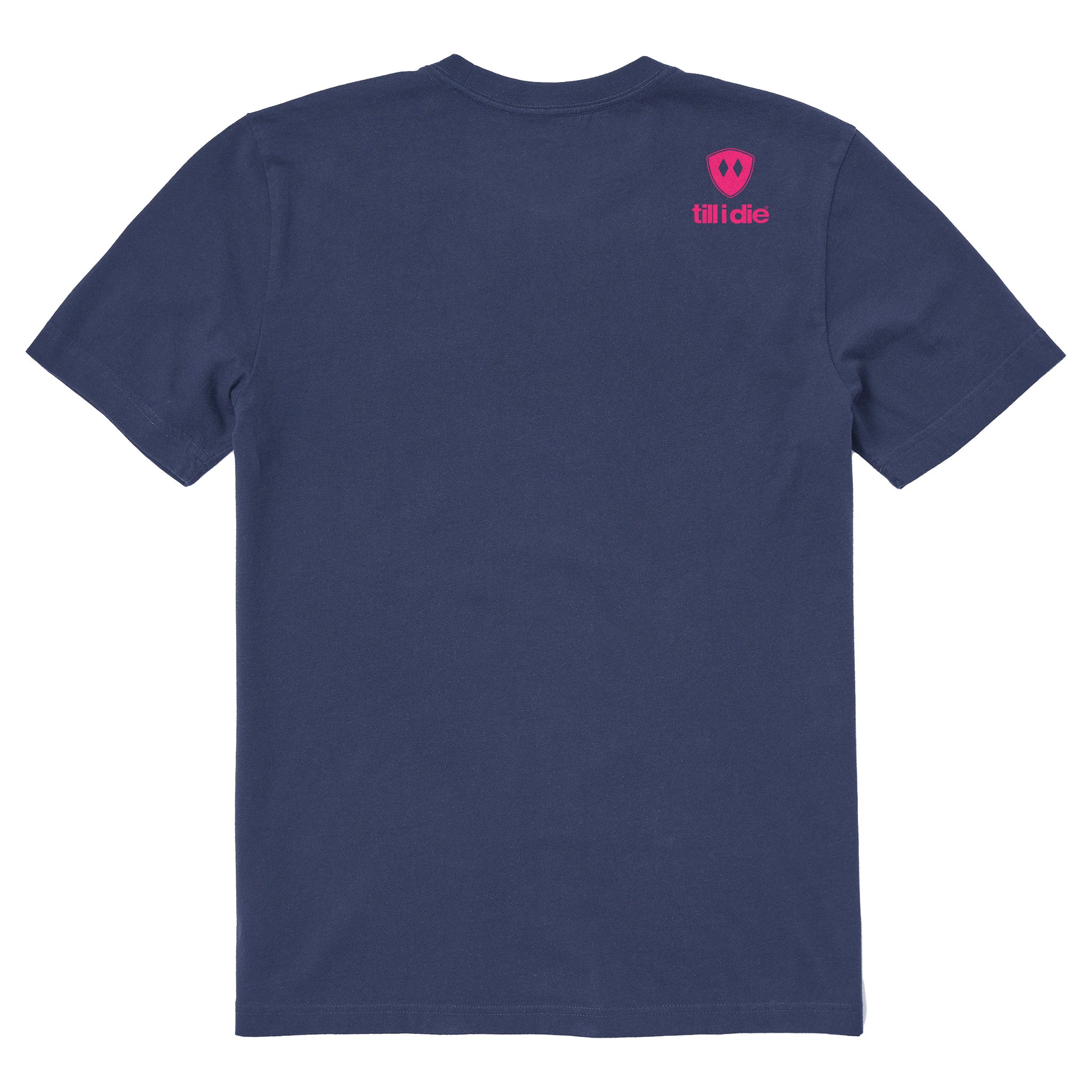 A black short-sleeve t-shirt shown from the back, featuring the double diamond shield logo and the text 'till i die' on the upper right shoulder, set against a plain white background.