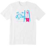 A white short-sleeve crewneck t-shirt featuring a graphic print of a blue DeLorean time machine and a skier in neon pink and blue.