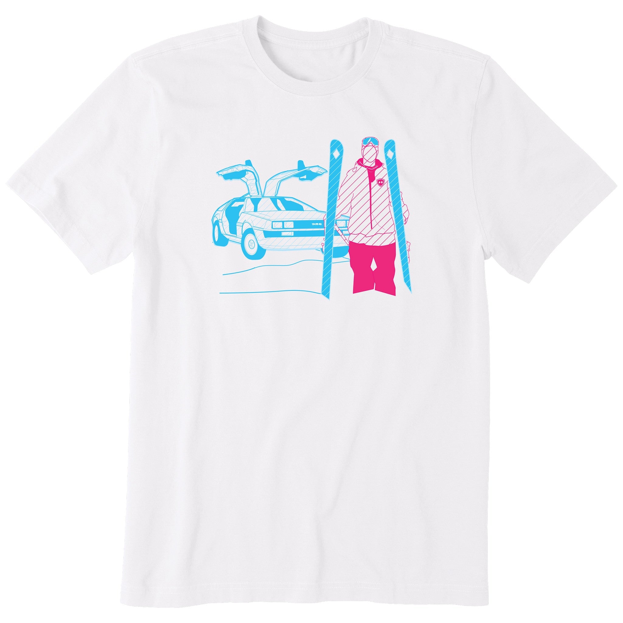 A white short-sleeve crewneck t-shirt featuring a graphic print of a blue DeLorean time machine and a skier in neon pink and blue.