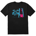 A black short-sleeve crewneck t-shirt featuring a graphic print of a blue DeLorean time machine and a skier in neon pink and blue.