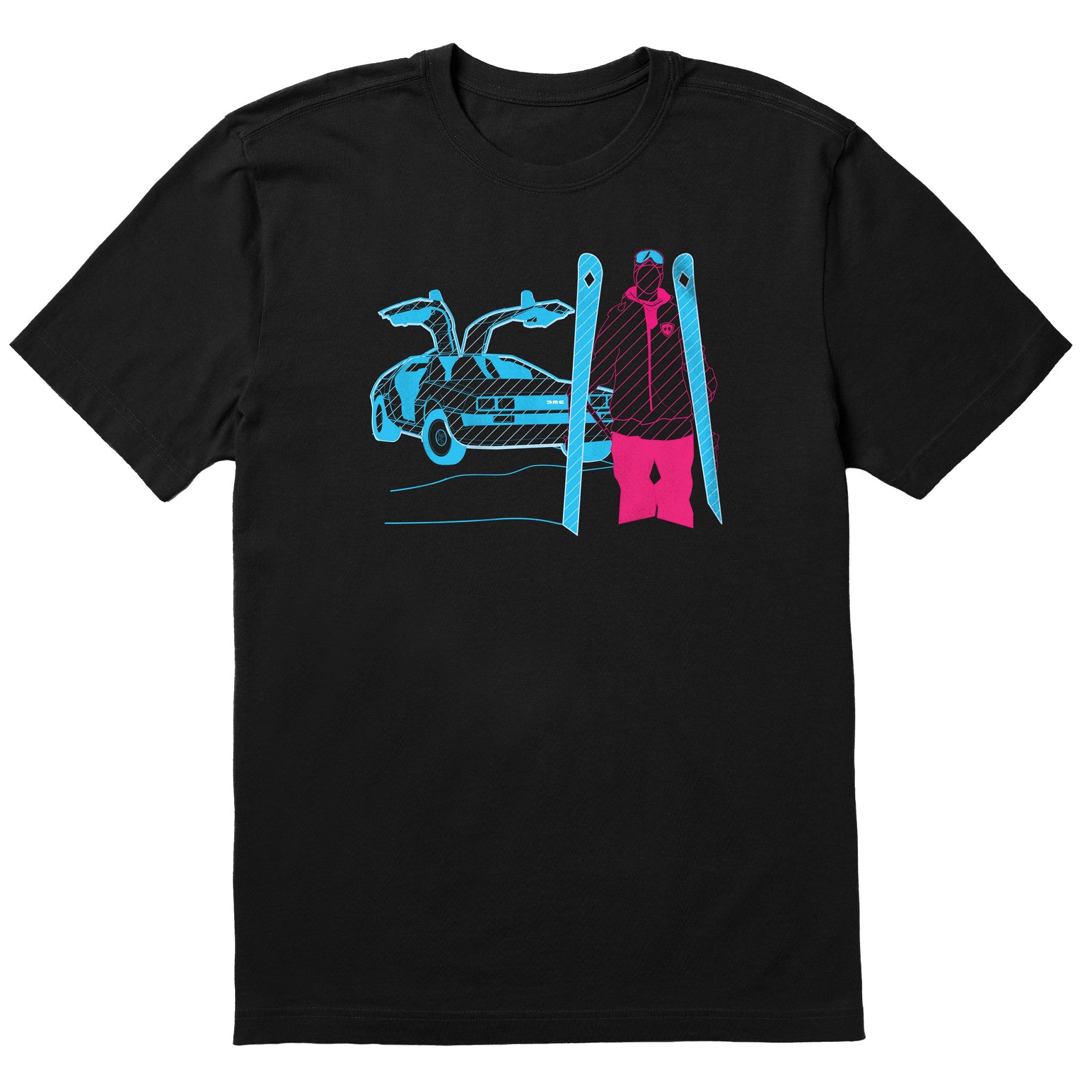 A black short-sleeve crewneck t-shirt featuring a graphic print of a blue DeLorean time machine and a skier in neon pink and blue.