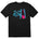 A black short-sleeve crewneck t-shirt featuring a graphic print of a blue DeLorean time machine and a skier in neon pink and blue.