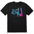 A black short-sleeve crewneck t-shirt featuring a graphic print of a blue DeLorean time machine and a skier in neon pink and blue.