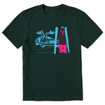 A dark green short-sleeve crewneck t-shirt featuring a graphic print of a blue DeLorean time machine and a skier in neon pink and blue.