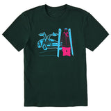 A dark green short-sleeve crewneck t-shirt featuring a graphic print of a blue DeLorean time machine and a skier in neon pink and blue.