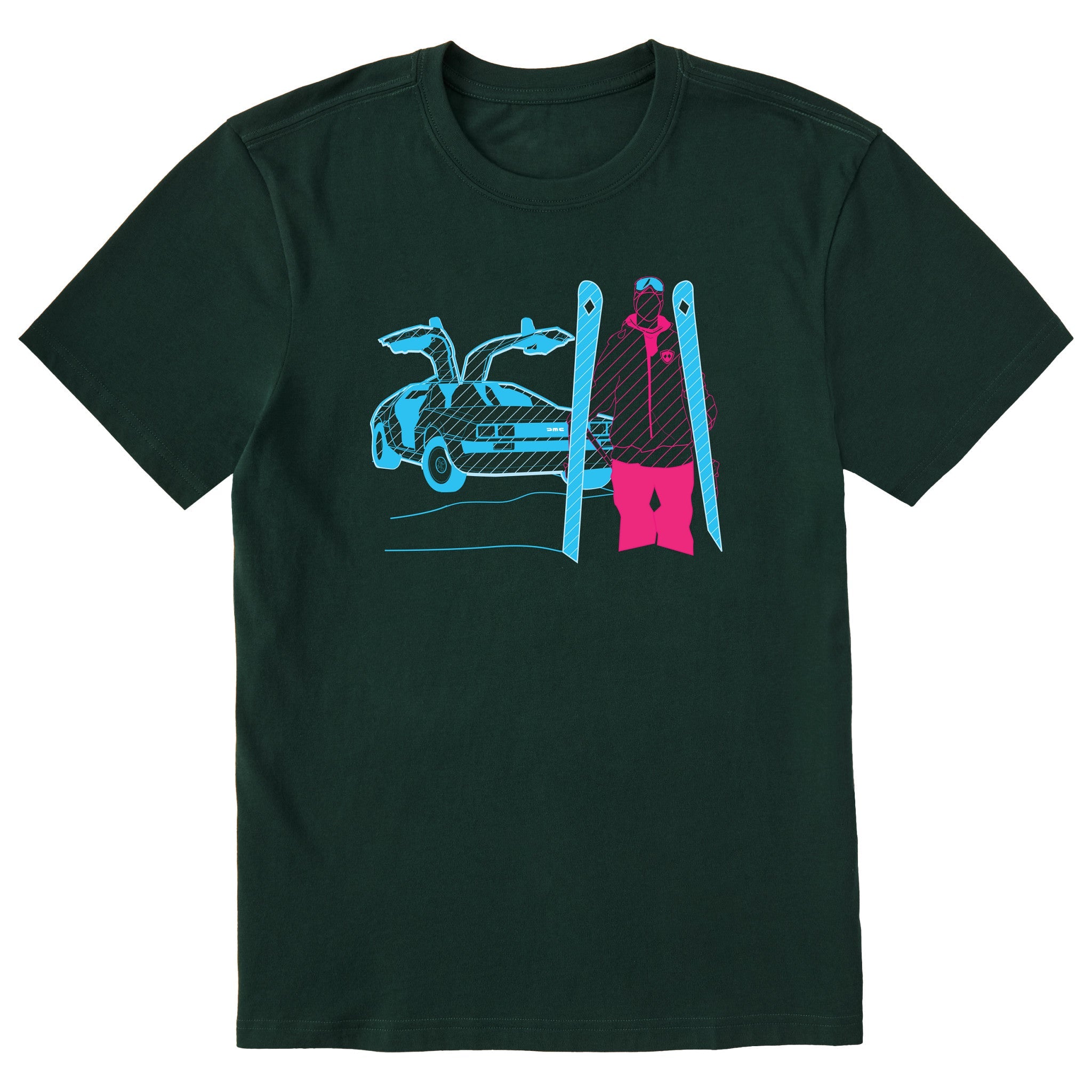 A dark green short-sleeve crewneck t-shirt featuring a graphic print of a blue DeLorean time machine and a skier in neon pink and blue.
