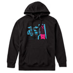 A black hoodie featuring a graphic print of a blue DeLorean time machine and a skier in neon pink and blue.
