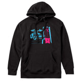 A black hoodie featuring a graphic print of a blue DeLorean time machine and a skier in neon pink and blue.