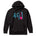 A black hoodie featuring a graphic print of a blue DeLorean time machine and a skier in neon pink and blue.