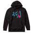 A black hoodie featuring a graphic print of a blue DeLorean time machine and a skier in neon pink and blue.