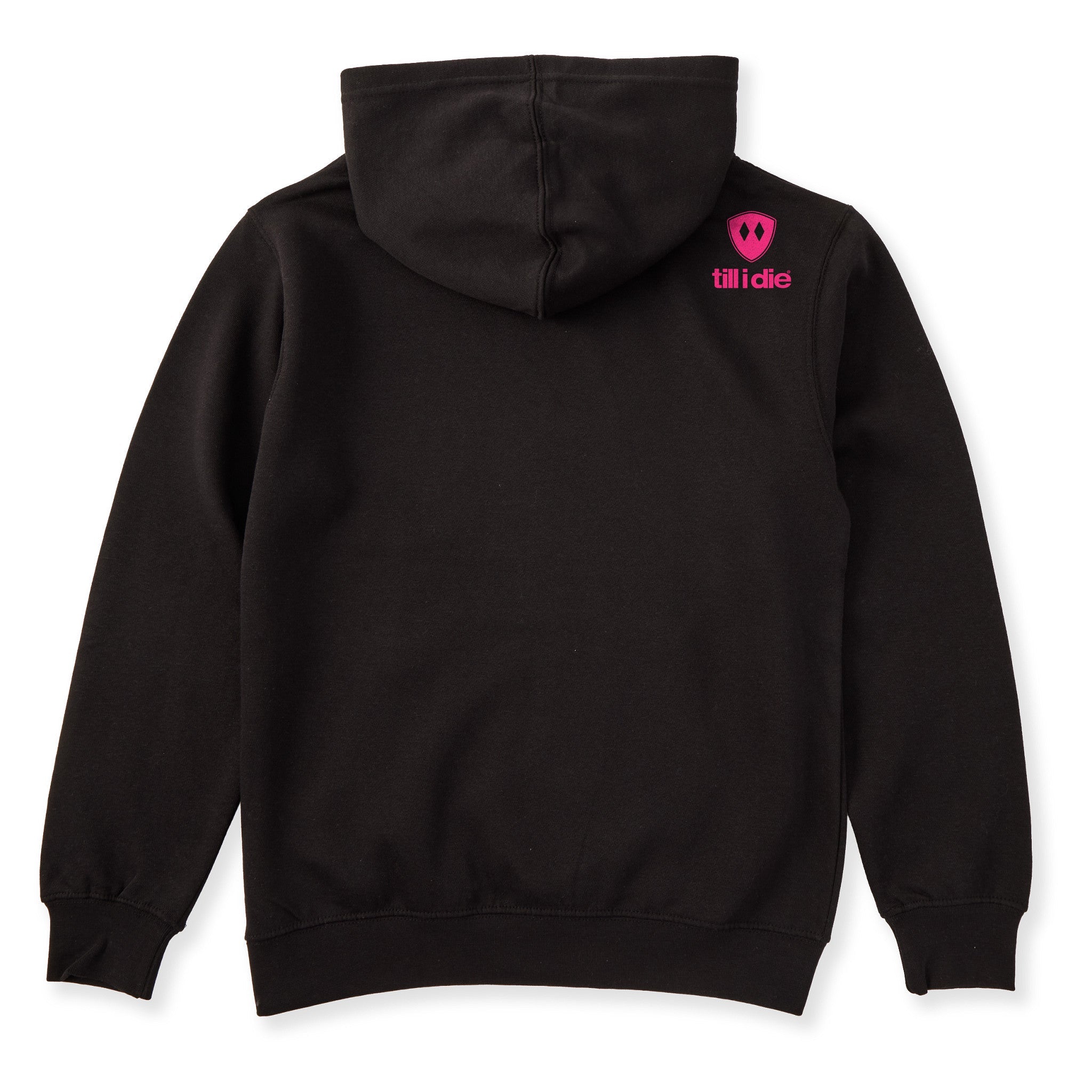 A black hoodie shown from the back, featuring the double diamond shield logo and the text 'till i die' on the upper right shoulder, set against a plain white background.