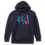 A navy hoodie featuring a graphic print of a blue DeLorean time machine and a skier in neon pink and blue.
