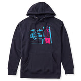A navy hoodie featuring a graphic print of a blue DeLorean time machine and a skier in neon pink and blue.