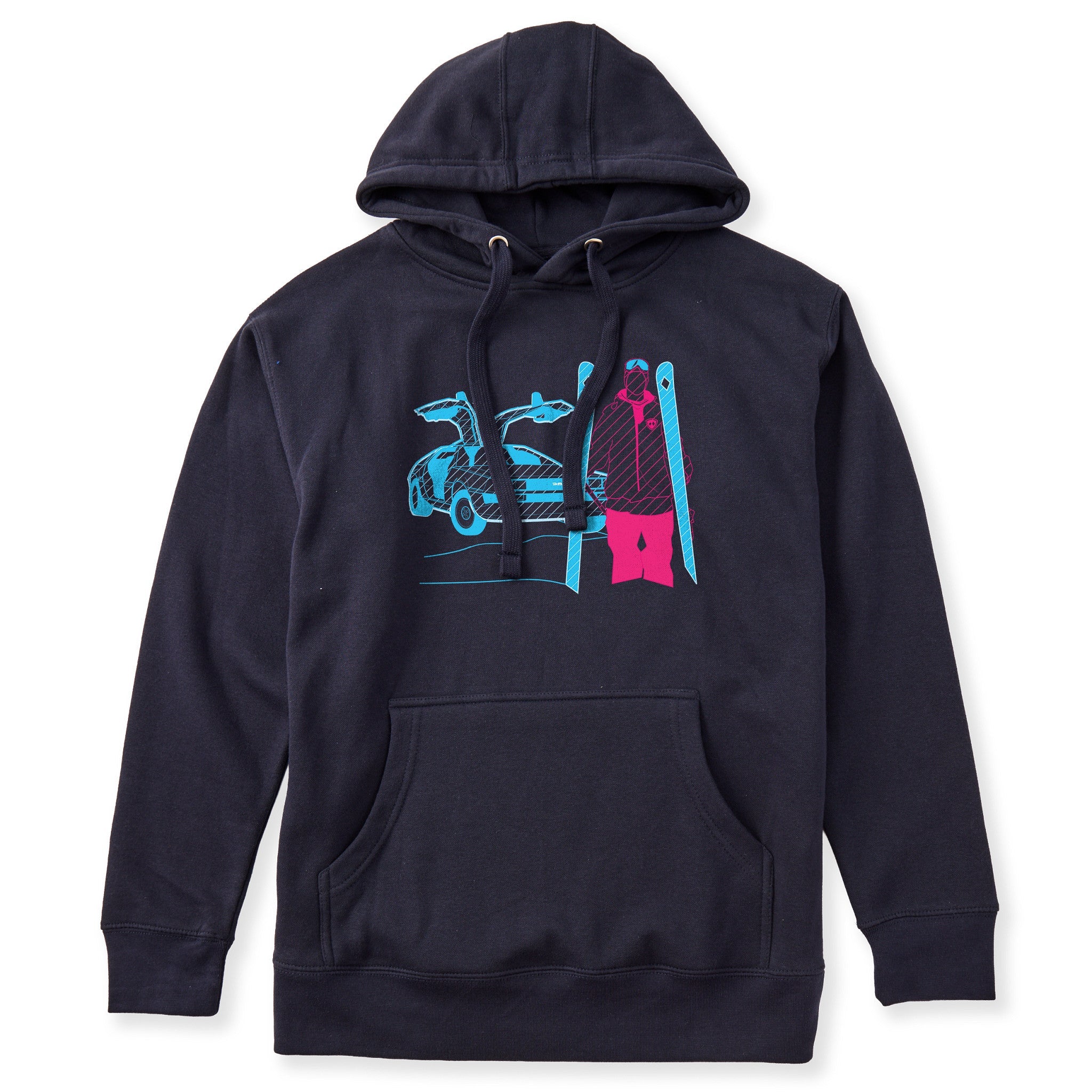 A navy hoodie featuring a graphic print of a blue DeLorean time machine and a skier in neon pink and blue.