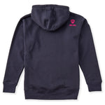 A navy hoodie shown from the back, featuring the double diamond shield logo and the text 'till i die' on the upper right shoulder, set against a plain white background.