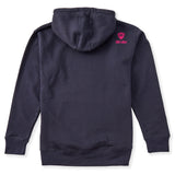 A navy hoodie shown from the back, featuring the double diamond shield logo and the text 'till i die' on the upper right shoulder, set against a plain white background.