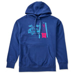 A royal blue hoodie featuring a graphic print of a blue DeLorean time machine and a skier in neon pink and blue.
