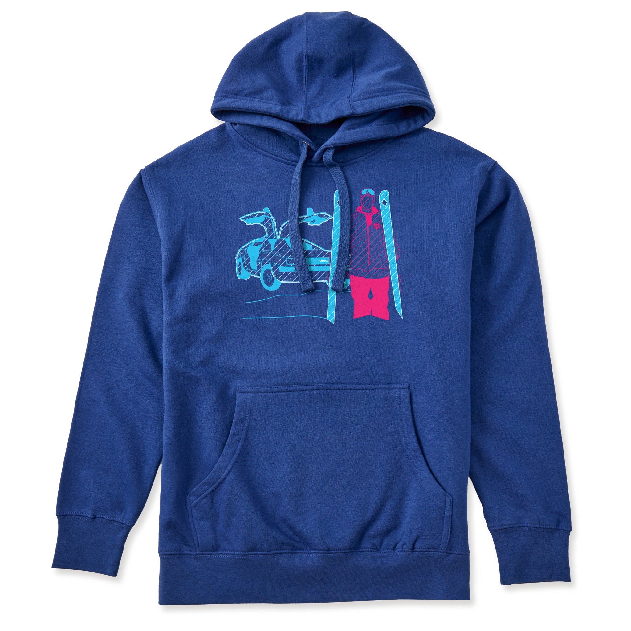 A royal blue hoodie featuring a graphic print of a blue DeLorean time machine and a skier in neon pink and blue.