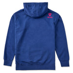 A royal blue hoodie shown from the back, featuring the double diamond shield logo and the text 'till i die' on the upper right shoulder, set against a plain white background.