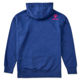 A royal blue hoodie shown from the back, featuring the double diamond shield logo and the text 'till i die' on the upper right shoulder, set against a plain white background.
