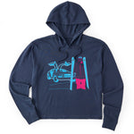 A navy hoodie featuring a graphic print of a blue DeLorean time machine and a skier in neon pink and blue.
