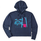 A navy hoodie featuring a graphic print of a blue DeLorean time machine and a skier in neon pink and blue.