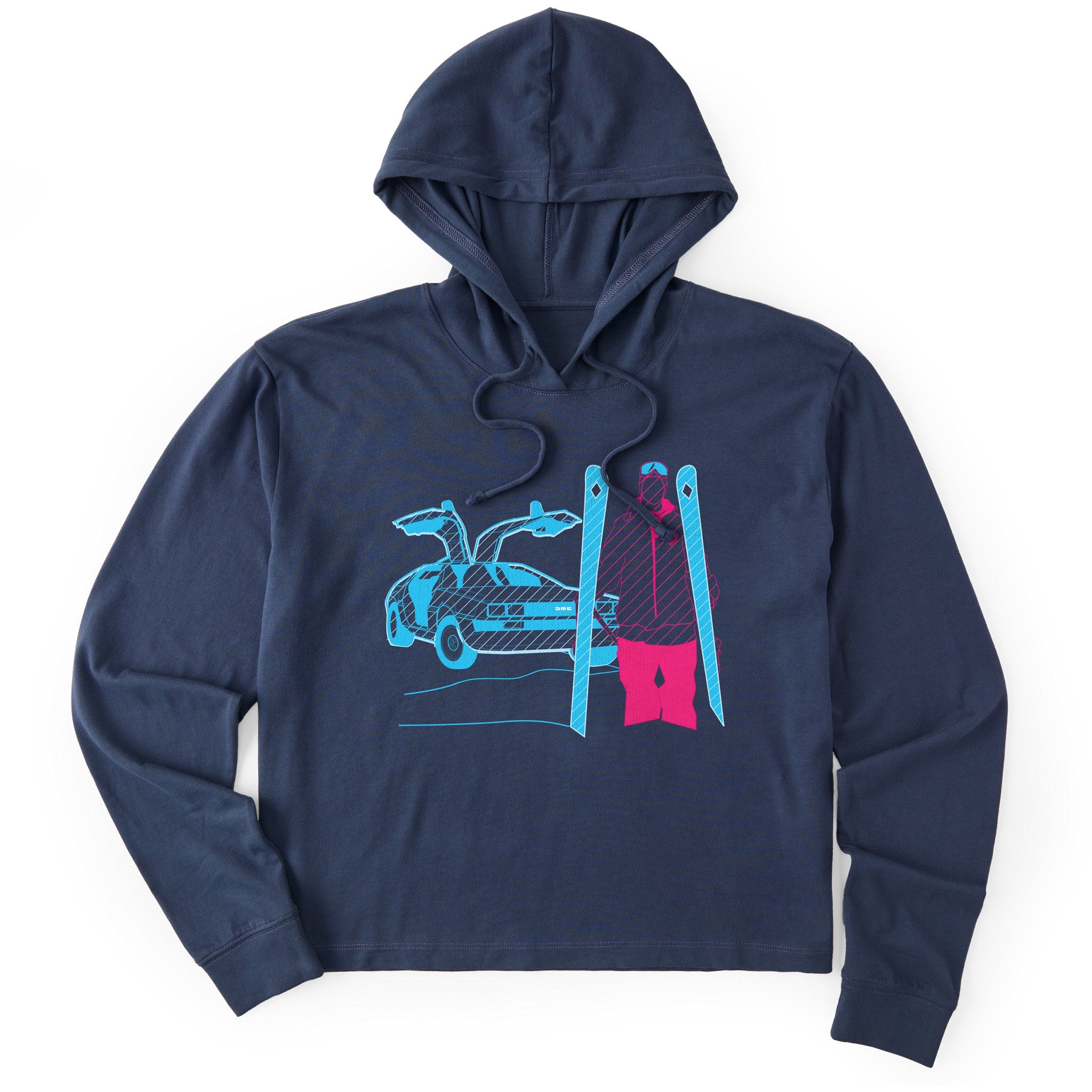 A navy hoodie featuring a graphic print of a blue DeLorean time machine and a skier in neon pink and blue.