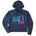 A navy hoodie featuring a graphic print of a blue DeLorean time machine and a skier in neon pink and blue.