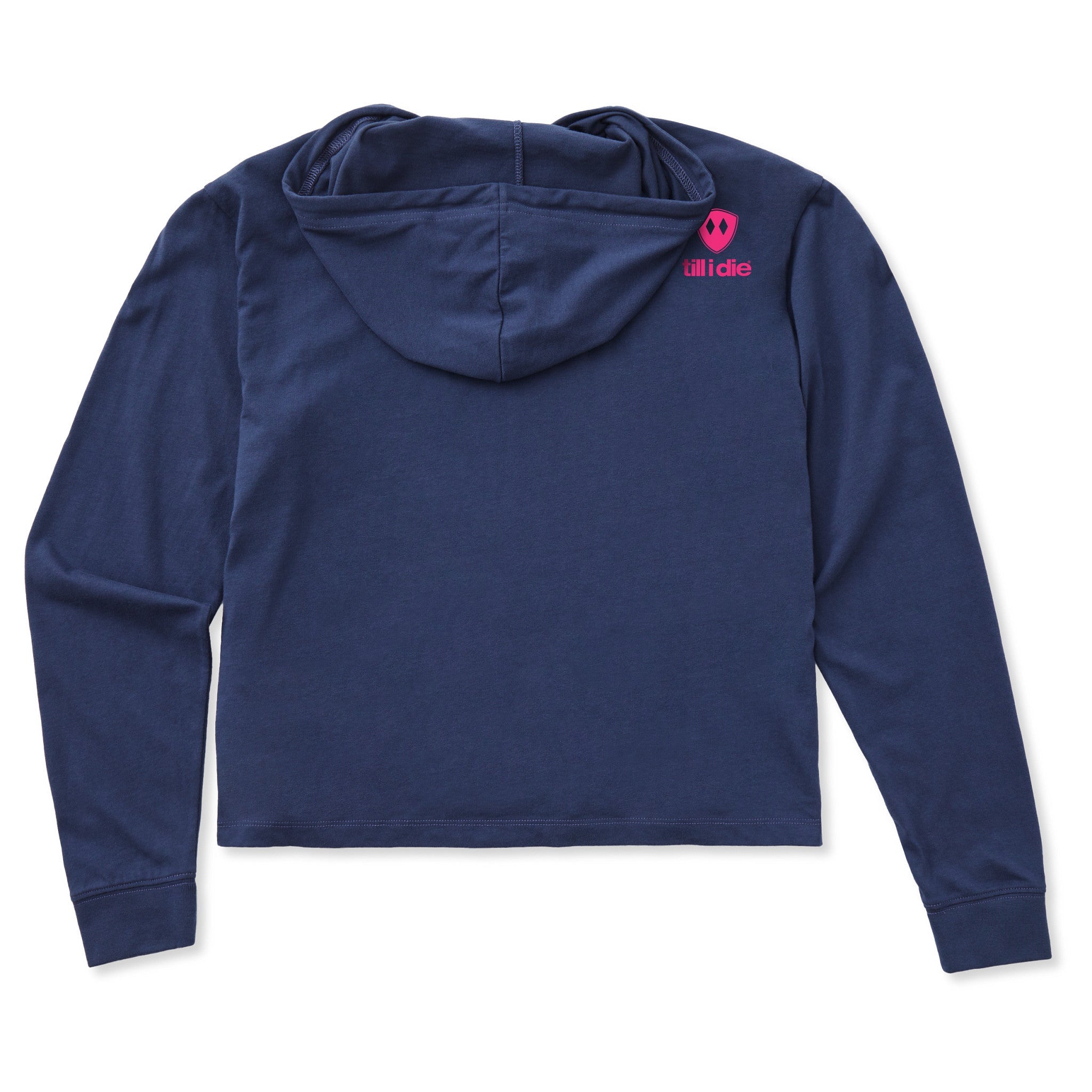 A navy hoodie shown from the back, featuring the double diamond shield logo and the text 'till i die' on the upper right shoulder, set against a plain white background.