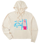 An cream hoodie featuring a graphic print of a blue DeLorean time machine and a skier in neon pink and blue.