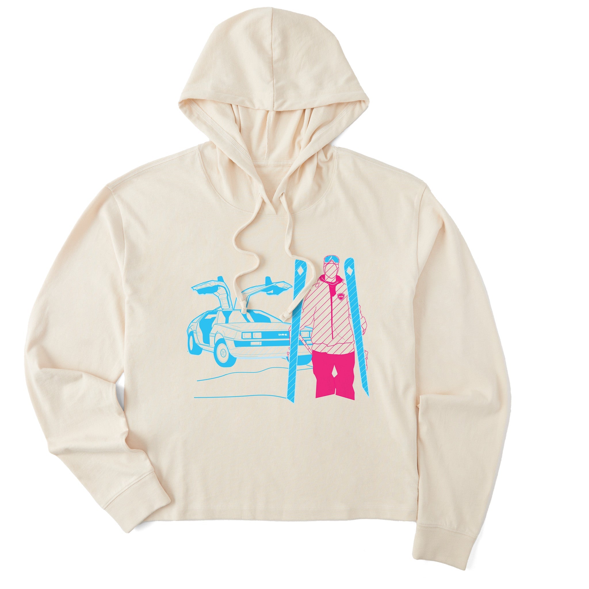 An cream hoodie featuring a graphic print of a blue DeLorean time machine and a skier in neon pink and blue.