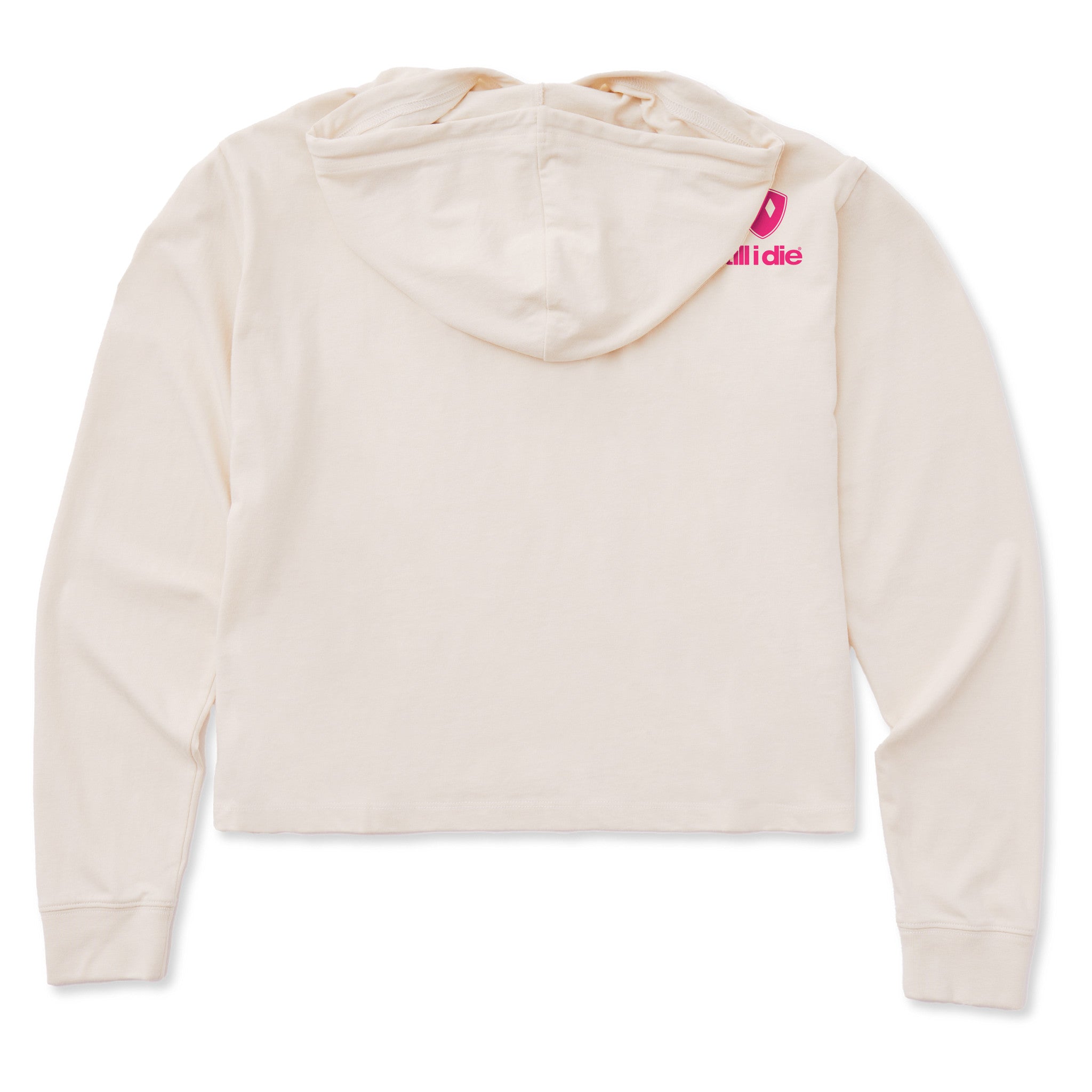 A cream hoodie shown from the back, featuring the double diamond shield logo and the text 'till i die' on the upper right shoulder, set against a plain white background.