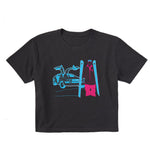 A black short-sleeve crewneck crop t-shirt featuring a graphic print of a blue DeLorean time machine and a skier in neon pink and blue.