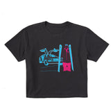A black short-sleeve crewneck crop t-shirt featuring a graphic print of a blue DeLorean time machine and a skier in neon pink and blue.