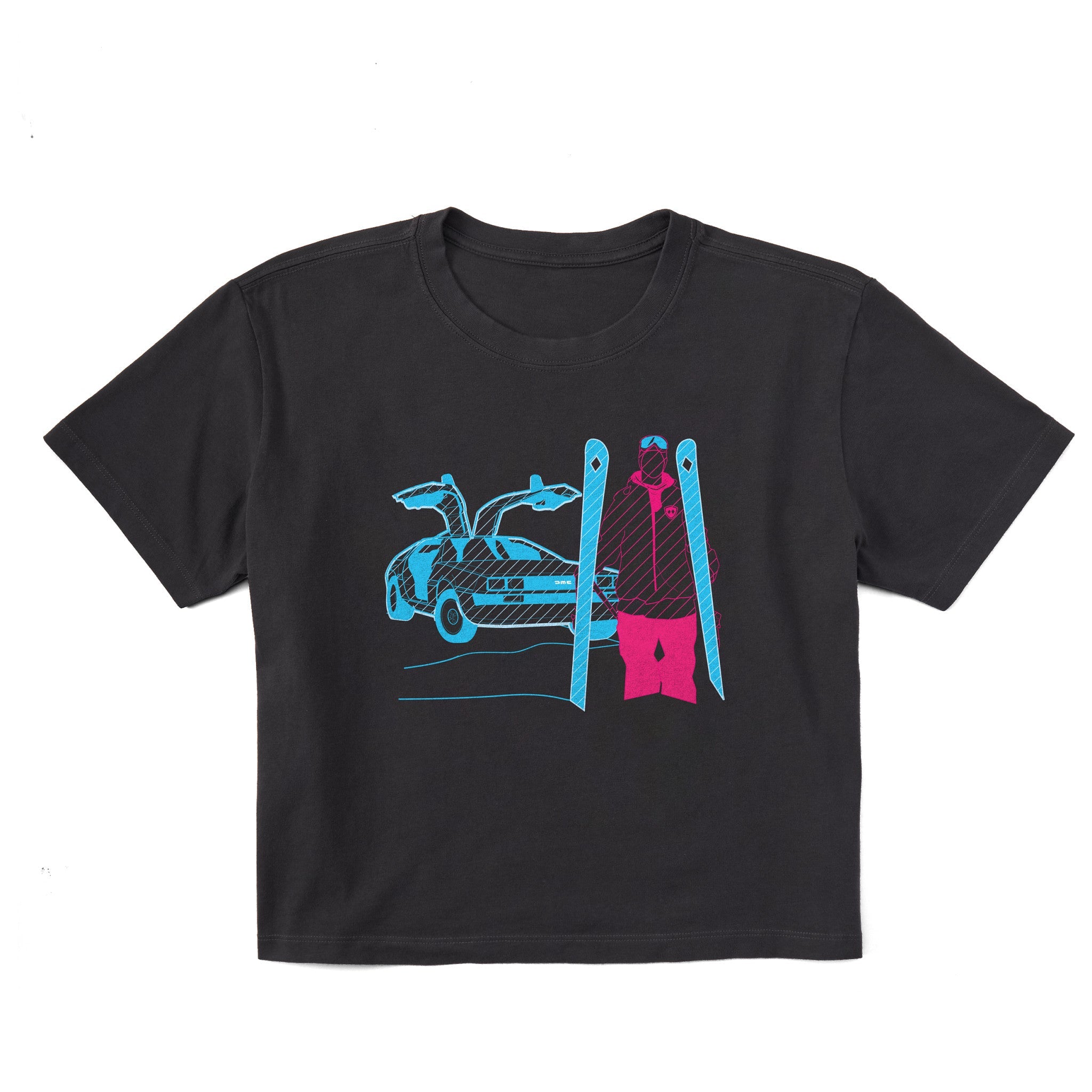 A black short-sleeve crewneck crop t-shirt featuring a graphic print of a blue DeLorean time machine and a skier in neon pink and blue.