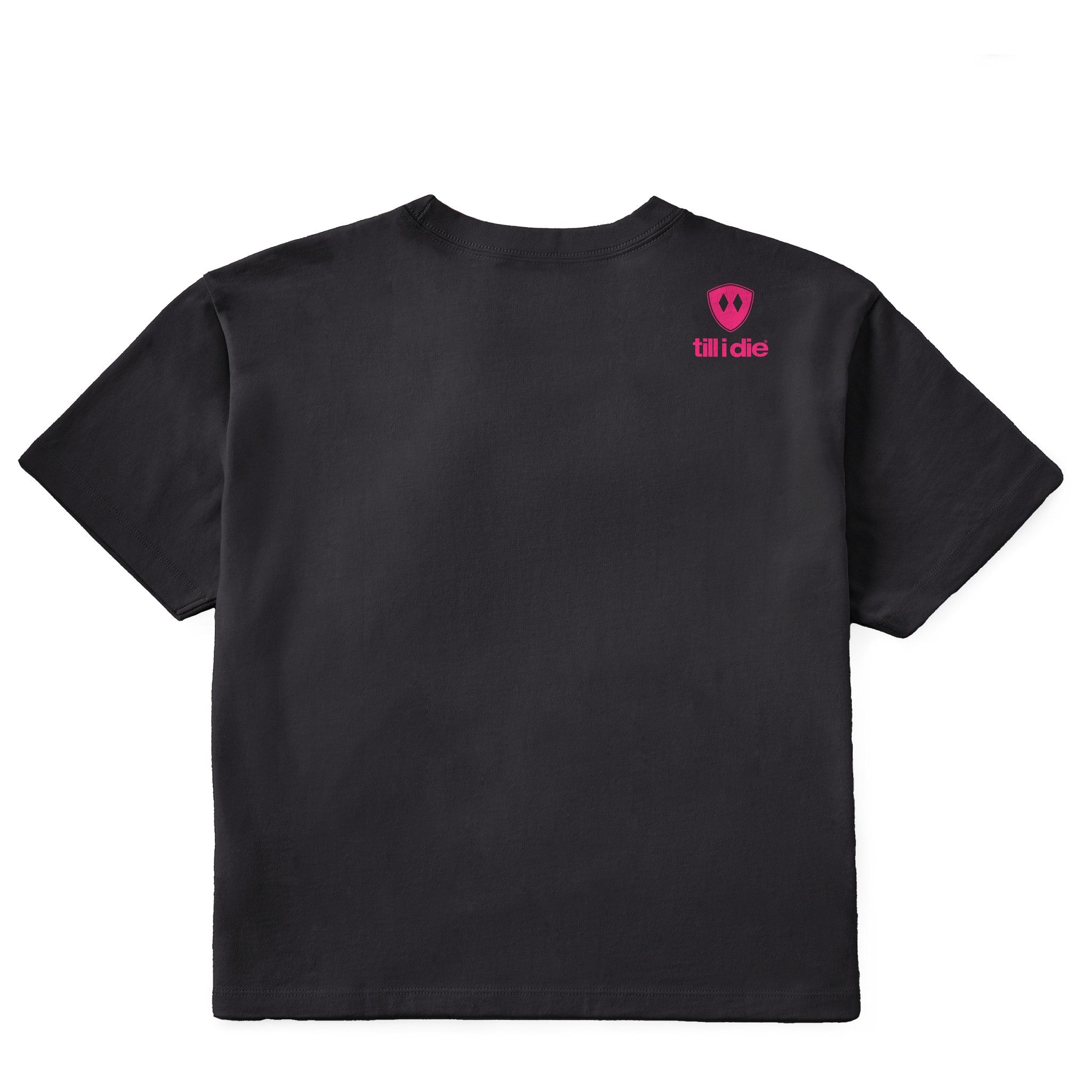 A black tee shirt shown from the back, featuring the double diamond shield logo and the text 'till i die' on the upper right shoulder, set against a plain white background.