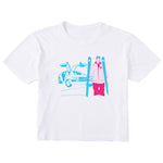 A white short-sleeve crewneck crop t-shirt featuring a graphic print of a blue DeLorean time machine and a skier in neon pink and blue.